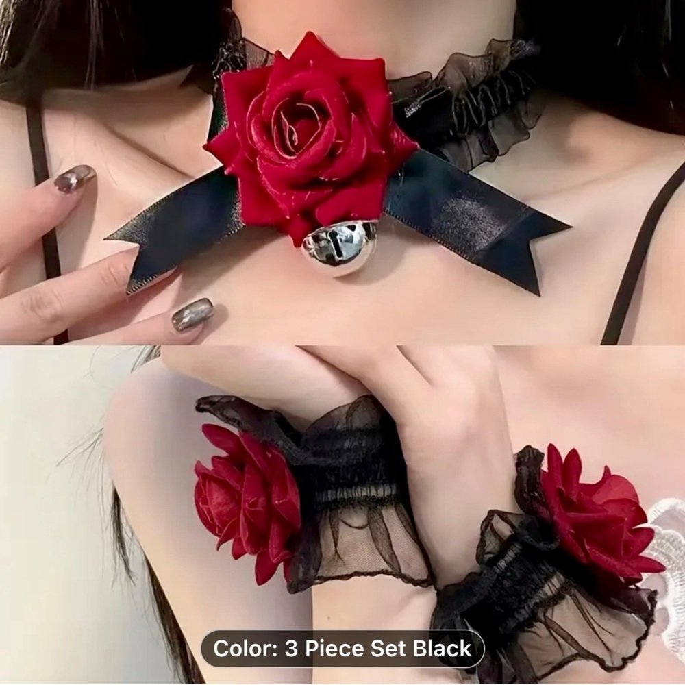 3pc set Red rose choker necklace with black red rose cuffs